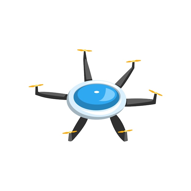 Colorful vector icon of flying drone. Micro air vehicle with six rotor blades. Radio controlled quadrocopter. Unmanned aerial device. Cartoon illustration in flat style isolated on white background.