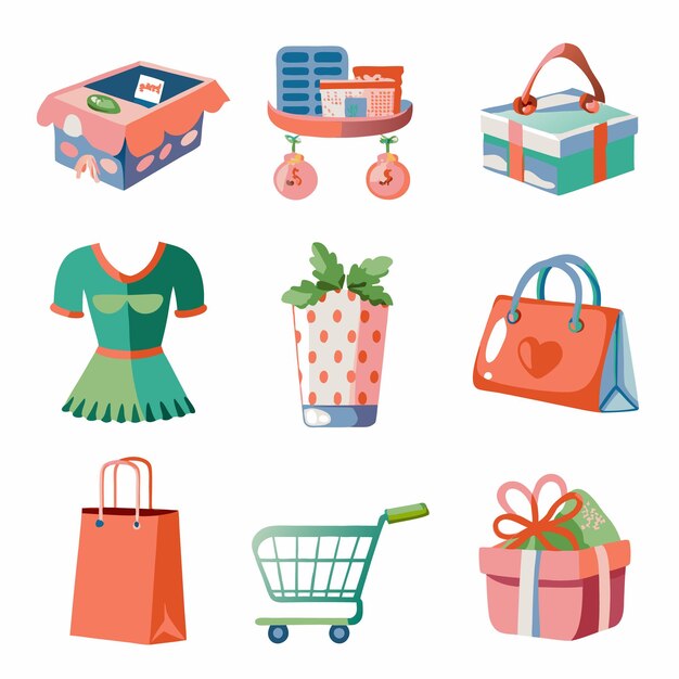 Colorful vector illustration of 9 different shopping icons including a shopping cart shopping bag gift box dress gift bag and other accessories