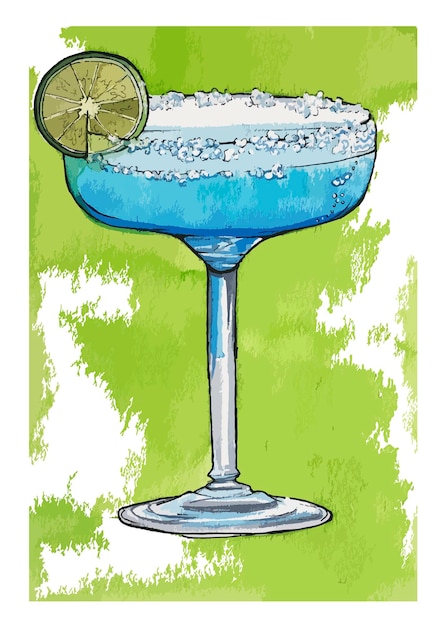 Colorful vector illustration of blue lagoon coctail in watercolor style