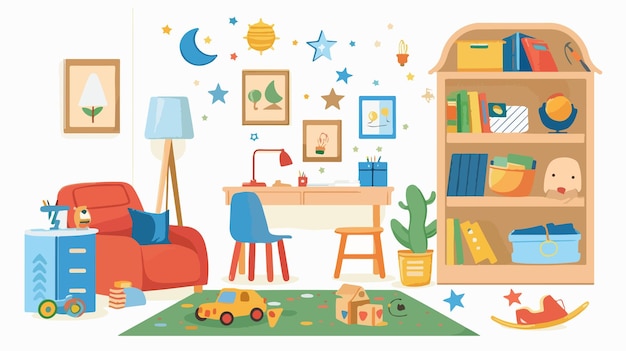 Vector colorful vector illustration of educational toys and sofa