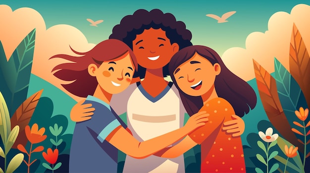 Colorful Vector Illustration of Friends Embracing Outdoors