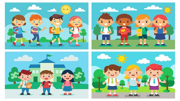 Colorful vector illustration of school children on outdoor backgrounds