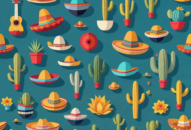 Vector a colorful vector illustration of a variety of sombreros maracas guitar and cactus