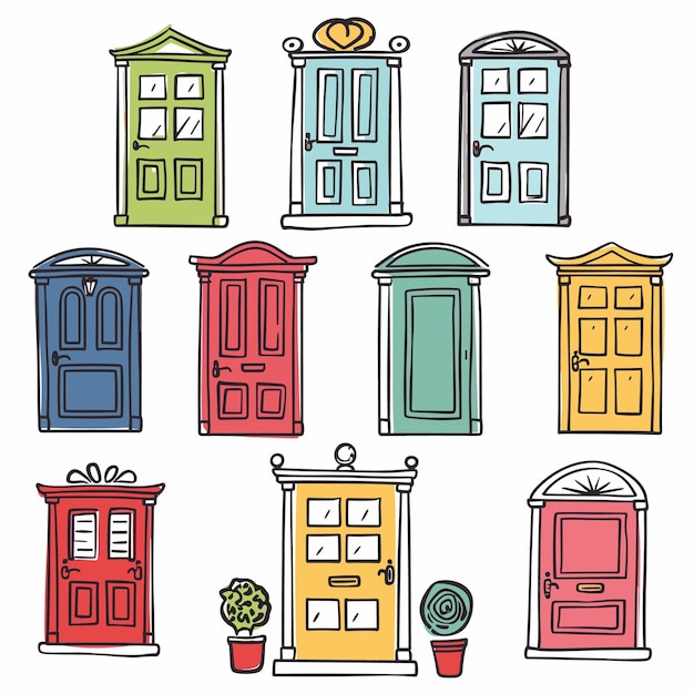 Colorful vector illustration various front doors representing different house entrances Nine