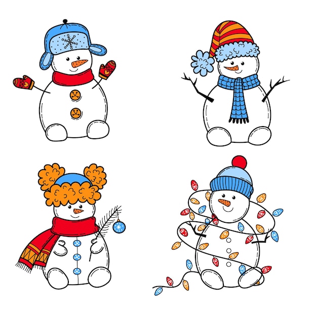 Colorful vector image set of four snowmans in different outfit