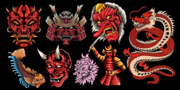 Colorful vector Samurai clipart vector illustrations for a Japanese theme