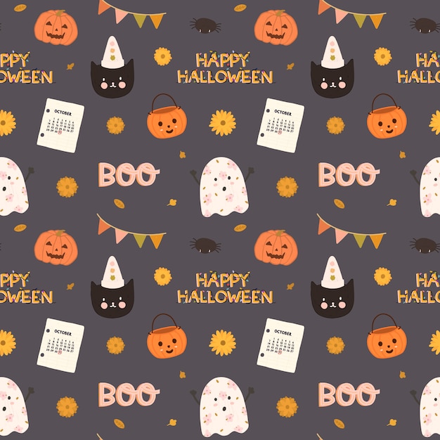 Colorful Vector seamless pattern for Halloween in hand drawn style.