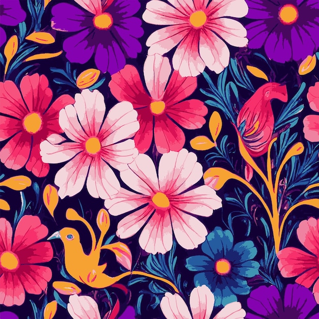 Colorful vibrant birds and flowers purple pink and blue seamless pattern