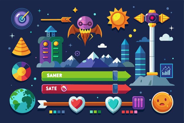 Vector colorful video game interface with progress bars a whimsical creature geometric icons and stylized mountains