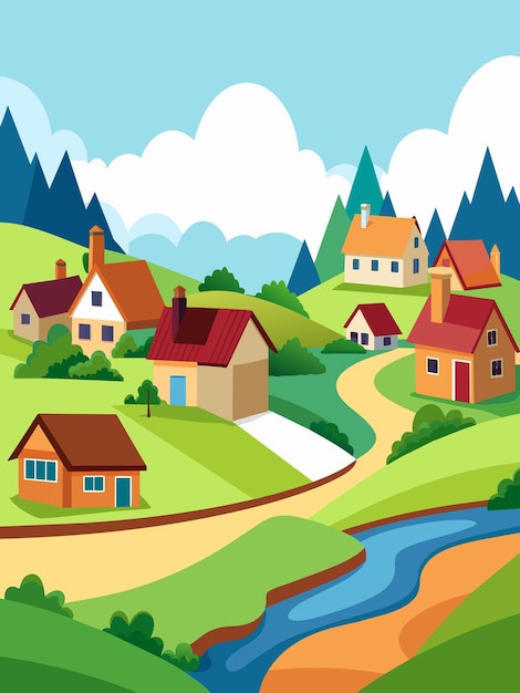 Vector colorful village houses on rolling hills with a winding river