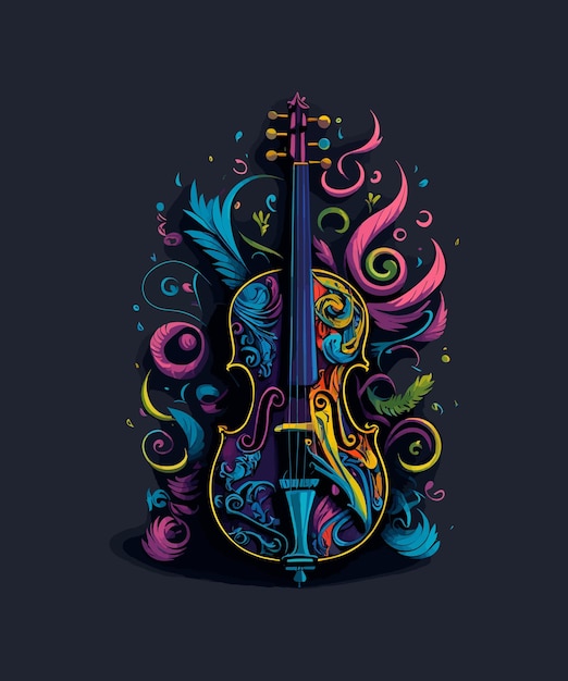 Colorful violin with a floral pattern on a black background.