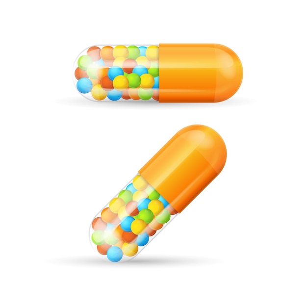 Colorful Vitamine Pills with Granules Prescription Drugs Capsule Concept of Health Care. Vector illustration