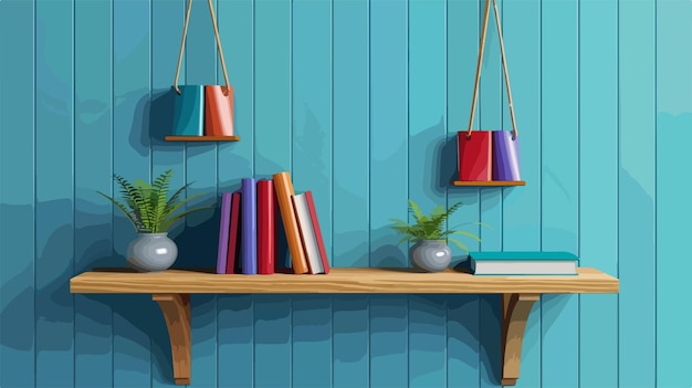 Vector colorful wall shelf with hanging books vector illustration