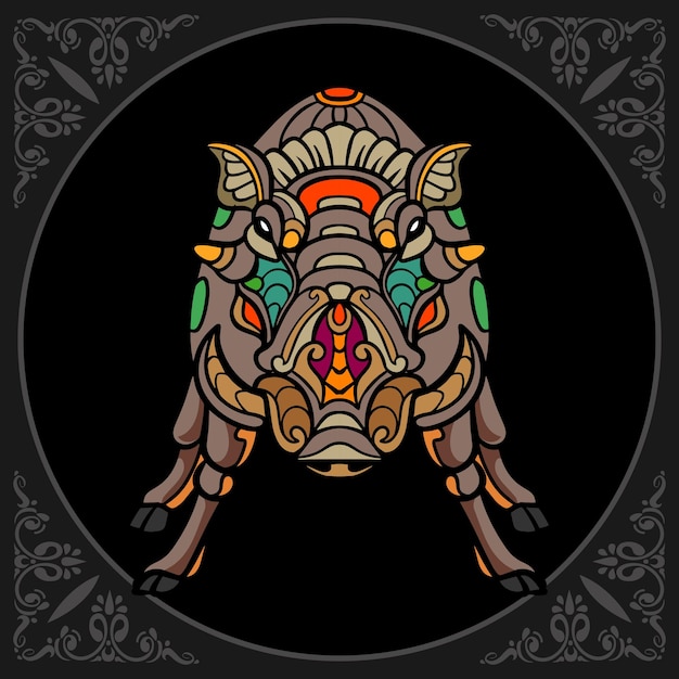 Colorful Warthog zentangle arts isolated on black background