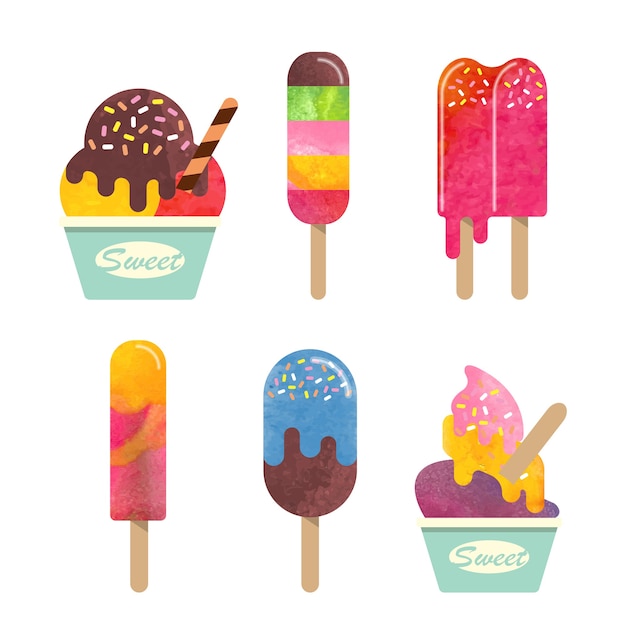 Colorful watercolor delicious dessert sweet food ice popsicle collection