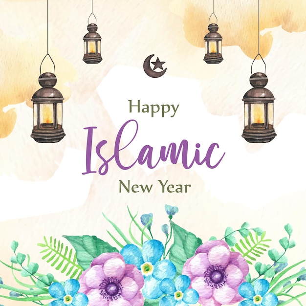 Colorful of watercolor flower ornament on islamic new year greeting card