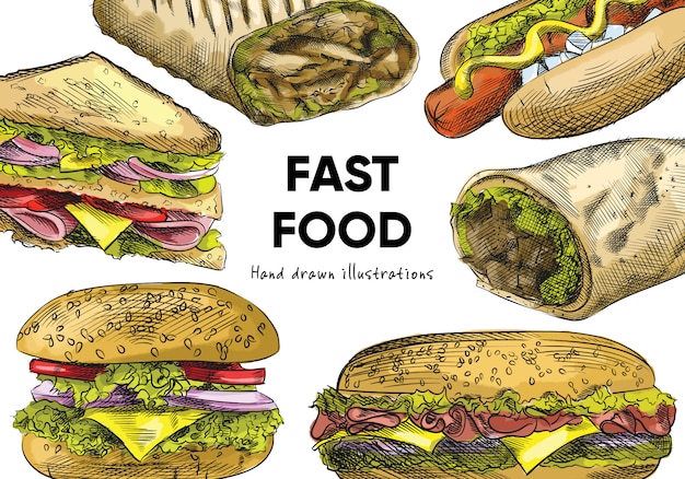 Colorful watercolor Hand-drawn sketch of Junk food and snacks set (Fast food set). The set includes big cheeseburger, hot dog with mustard, club sandwich, sandwich, shawarma, fajitas, burrito
