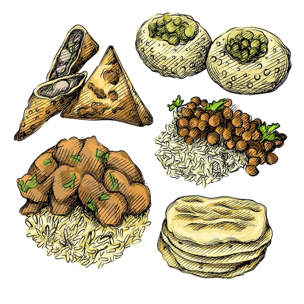 Colorful watercolor illustration Hand drawn illustration set of Indian cuisine.