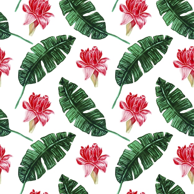 Colorful watercolor Seamless pattern with tropical leaves and flowers Summer background wallpaper