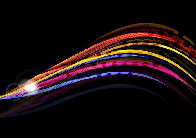 Colorful wave lines with light and shadow effects on black Abstract background