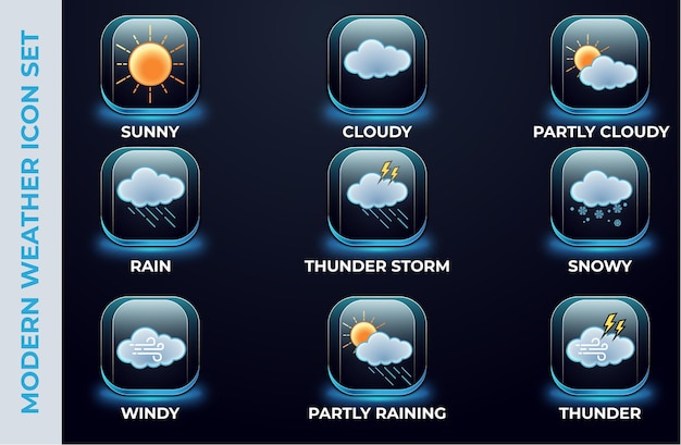 Vector colorful weather icons illustrations with transparent shield and glow