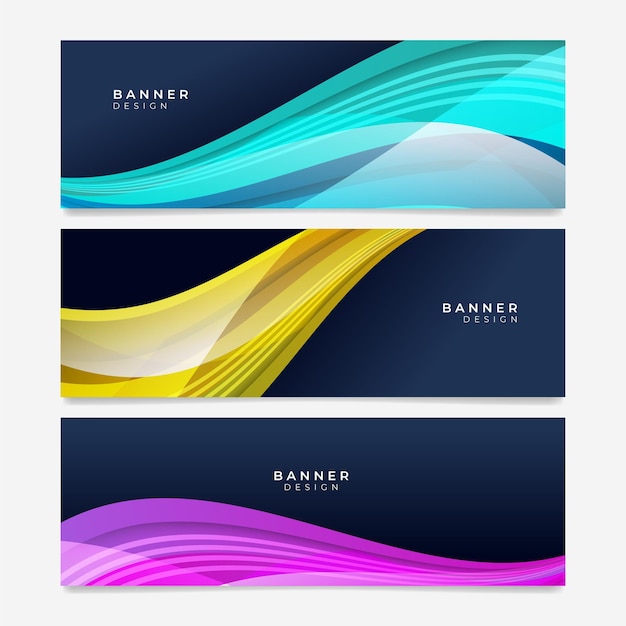 Colorful web banner with wave and geometric shapes. Collection of horizontal promotion banners with vivid vibrant gradient colors and abstract backdrop. Header design. Vibrant coupon template.