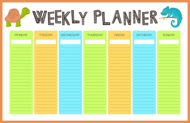 A colorful weekly planner with the word weekly on it