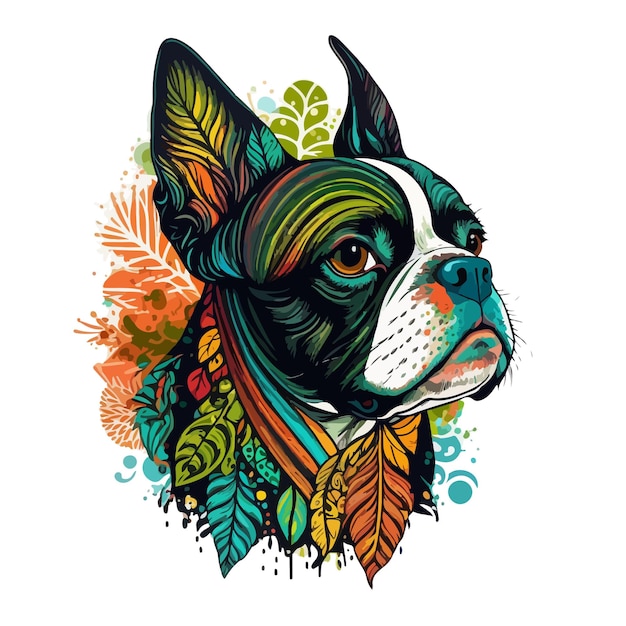 Colorful and Whimsical Boston Terrier Dog Portrait with Floral Accents Abstract Vector Illustration