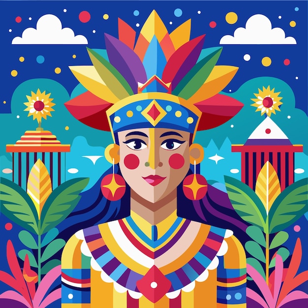 Colorful Woman with Feathers and Flowers in Geometric Style Illustration