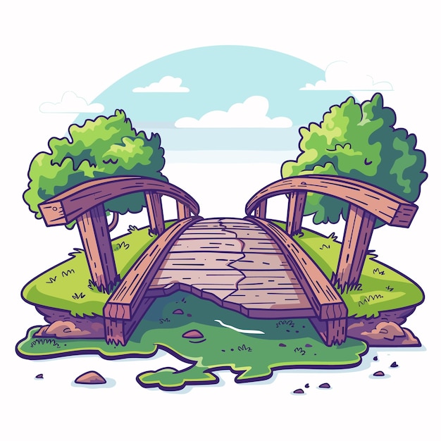 Vector colorful wooden bridge over stream cartoon vector illustration lush green trees clear blue sky