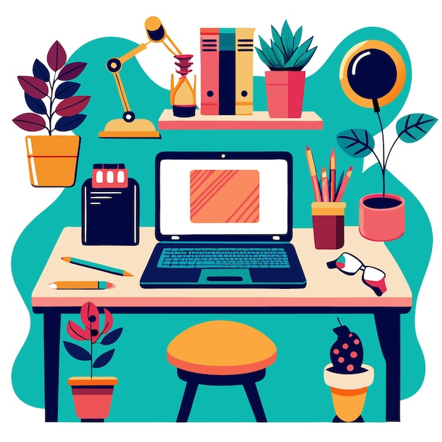 Vector a colorful workspace with plants a laptop and stationery items