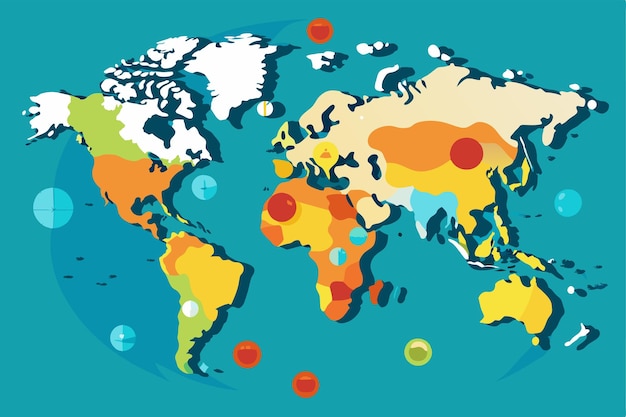 Vector a colorful world map highlighting geographical features and climate zones across continents emphasizing landforms and oceanic patterns in a clear design