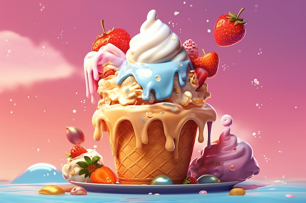 Vector colorful yummy ice cream with cartoon topping illustration