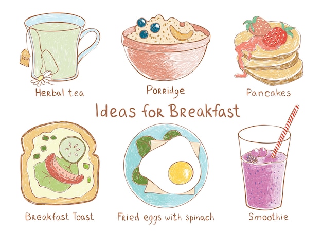 Vector colorfull vector set of ideas for breakfast. herbal tea, porridge, pancake, toast, eggs, s