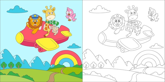 Coloring animals flying with airplane