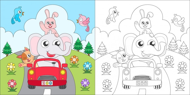 Coloring animals riding a car