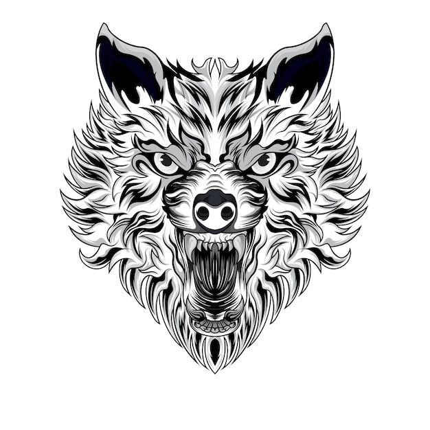 Coloring Book Animal wolf Hand drawn Black and white Vector illustrations Print logo poster template tattoo idea