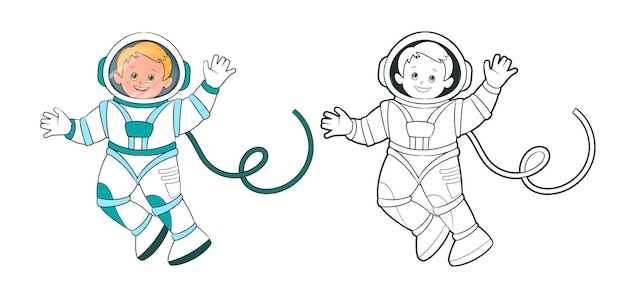 Coloring book: An astronaut in a blue and white spacesuit waves a friendly hand. Vector illustration in cartoon style, black and white line art, isolated on white background