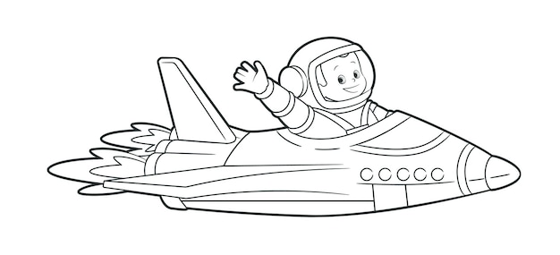 Coloring book an astronaut flies on a shuttle among the planets and waves his hand  greetingVector