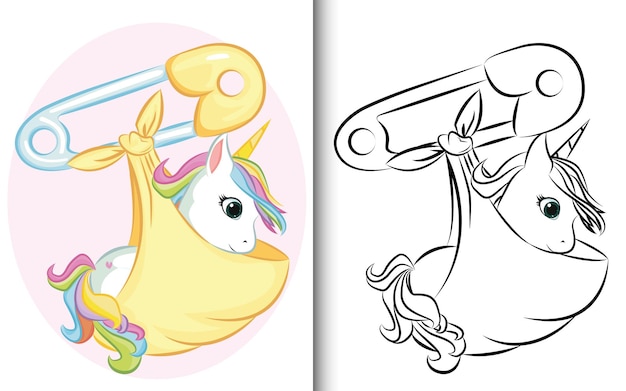 Coloring book Baby unicorn with pin. For preschool education kindergarten and kids and children