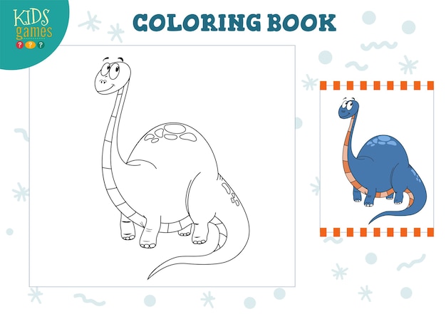 Coloring book, blank page   illustration. Preschool kids activity with drawing and colouring cartoon dinosaur character.