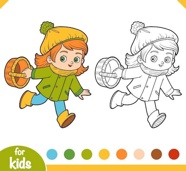 Coloring book Cartoon little girl with a basket for mushrooms