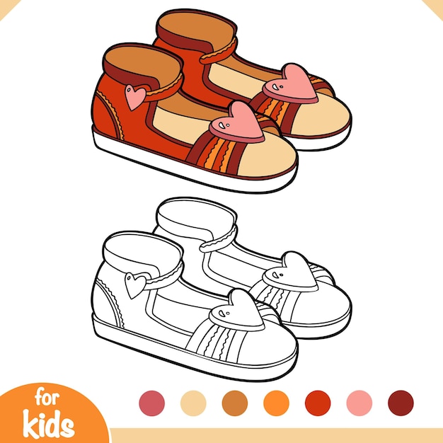 Coloring book cartoon shoe collection Kids sandals with heart sign