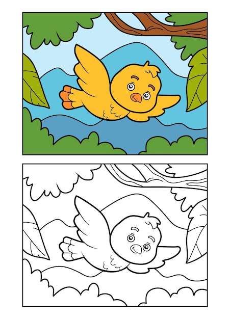 Coloring book for children The bird on a background of mountains