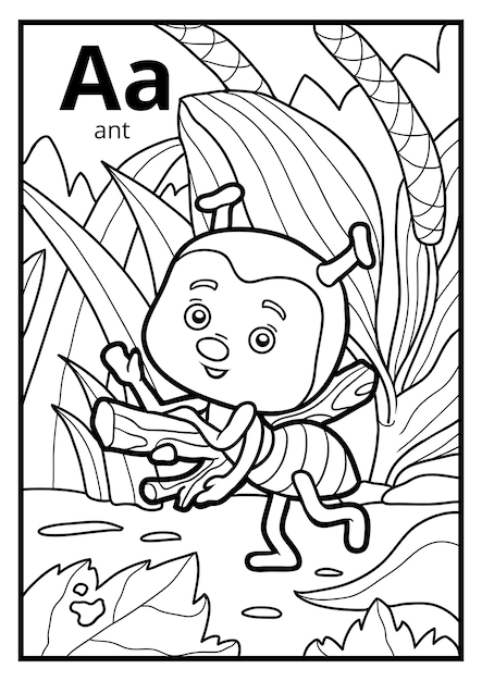 Coloring book for children, colorless alphabet. Letter A, ant