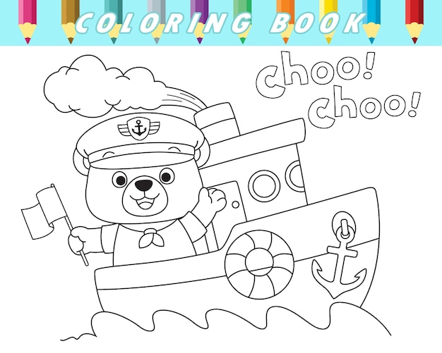 Coloring book for children Cute bear in sailor uniform on boat Vector cartoon illustration