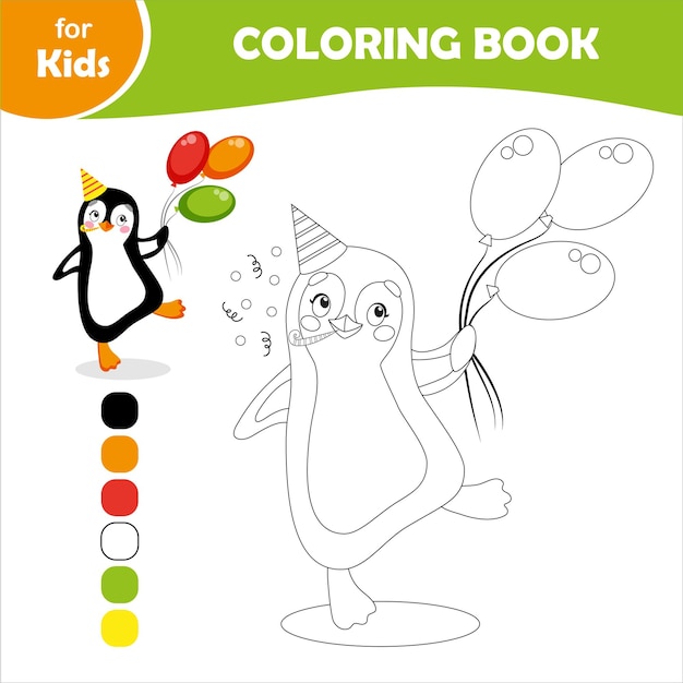 Coloring book for children Cute penguin in birthday and holiday style