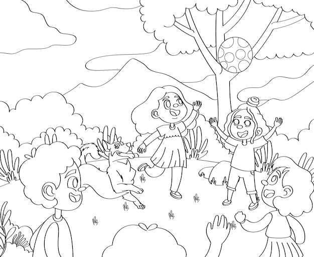 Coloring book children playing throwing ball in the forest