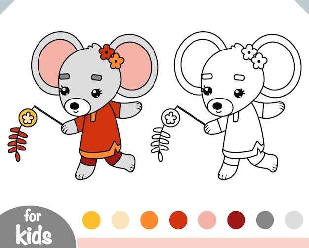 Coloring book for children, Rat and chinese new year decoration