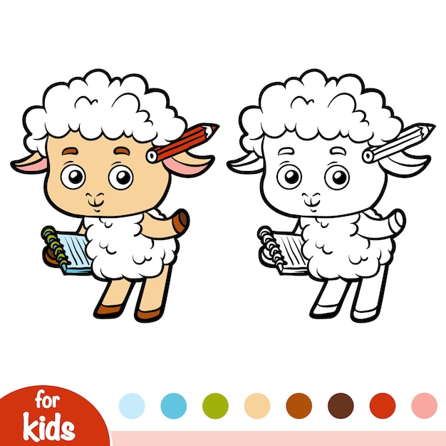 Coloring book for children, Sheep writer with a pencil and a notebook